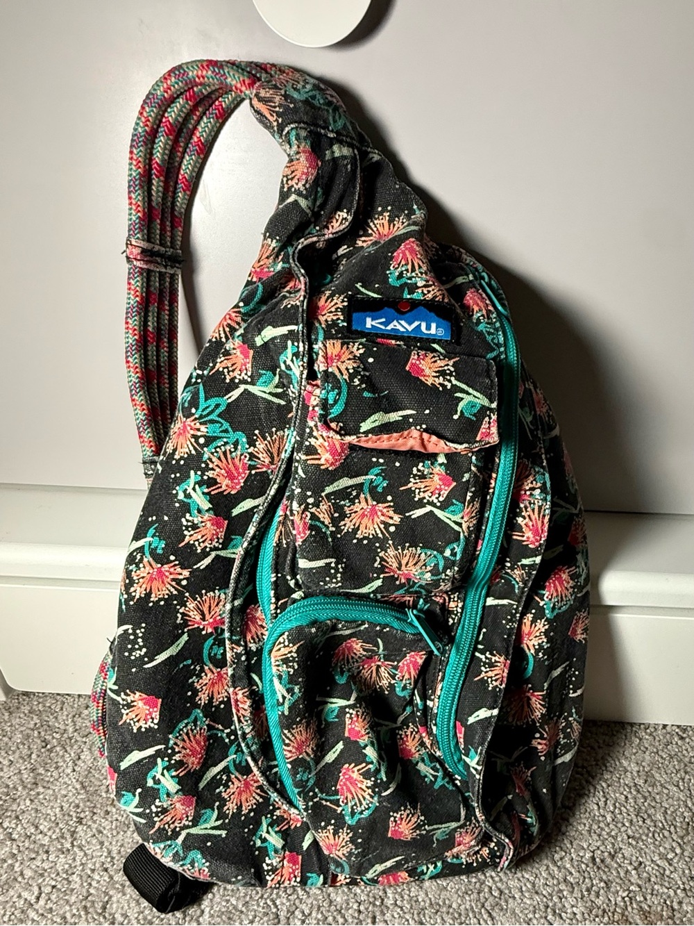 Kavu Floral Rope Sling Backpack in Black, Teal, Coral